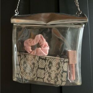 Clear purse with metallic silver rolled top
